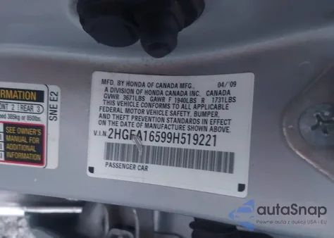 2009 Honda Civic Lx z USA, uszkodzony, nr VIN 2HGFA16599H519221